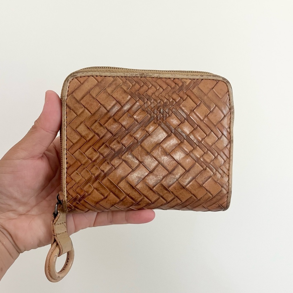 Cole Haan Vintage Camel Brown Leather Woven Wallet w Change Purse 3 Sided Zip